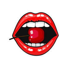 Woman Red Lips With Cherry On Pop Art Style. Vector Illustration. Isolated On White