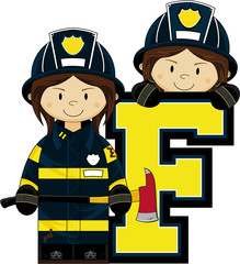 Wall Mural - F is for Fireman Learning Illustration