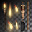 Burning Beach Bamboo Torch. Burning In The Dark Transparent Background Realistic Torch With Flame. Vector Illustration