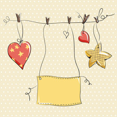 Two hearts and star on yellow background