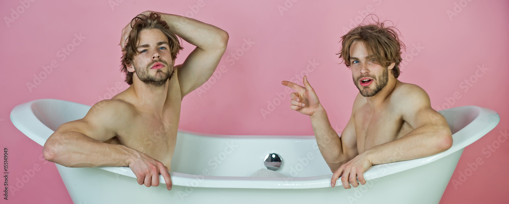 gay men or twins with muscular torso in bath, lgbt - obrazy, fototapety, plakaty 