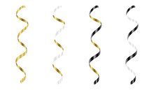 Gold, Silver, White, Black Streamers Set. Silver Serpentine Ribbons, Isolated On White Background. Decoration For Party, Birthday Celebrate Or Christmas Carnival, New Year Gift. Festival Decor. Vector
