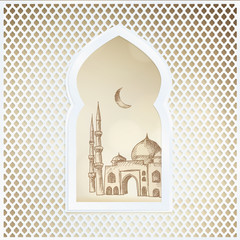 Wall Mural - Arabic window with the hand drawn sketch of moon and the mosque. Greeting card, invitation for Muslim community holy month Ramadan Kareem. Vector illustration background.