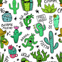 Funny Seamless Pattern Of Cactus Characters.