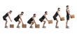 Rehabilitation concept. Collage of man with good posture lifting heavy cardboard box on white background