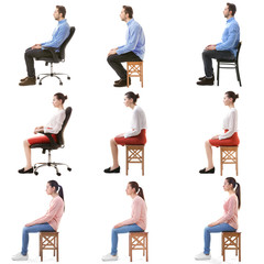 rehabilitation concept. collage of people with poor and good posture sitting on chair against white 