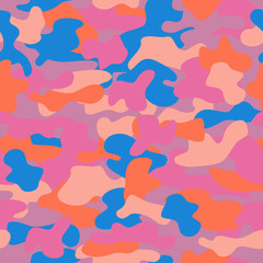 Wall Mural - Camouflage seamless pattern in a blue, pink, orange and dark yellow colors.