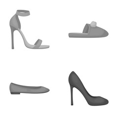 Blue high-heeled sandals, homemade lilac slippers with a pampon, pink women s ballet flats, brown high-heeled shoes. Shoes set collection icons in monochrome style vector symbol stock illustration web