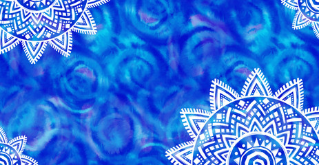 Wall Mural - Boho style vector shibori white ornament on blue watercolor background