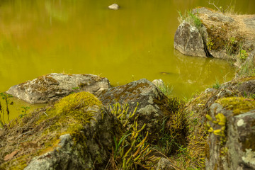 Canvas Print - Ancient stone with green lake at Chiangmai province