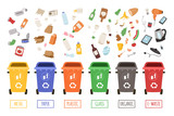 Fototapeta Koty - Waste management concept segregation separation garbage cans sorting recycling disposal refuse bin vector illustration