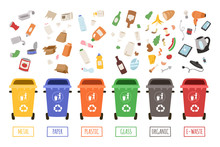 Waste Management Concept Segregation Separation Garbage Cans Sorting Recycling Disposal Refuse Bin Vector Illustration