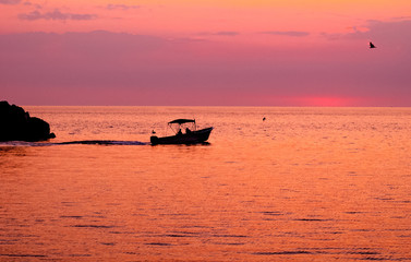  Silhouette of fishing boat in Loreto on the Sea of Cortez