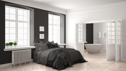 minimalist scandinavian white bedroom with bathroom in the background, classic white and gray interi