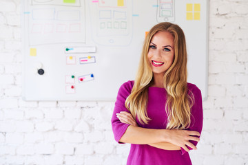 Happy female web designer, programmer standing in office