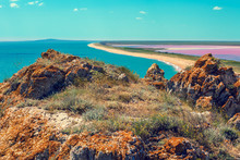 Panoramic View Of Pink Lake And Sea. View From Mountain, Top View