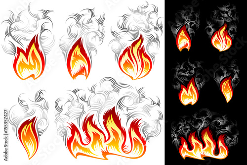 Fire Icons With Smoke Vector Set Of Spurts Of Flame In Hand