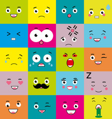  Emoticons, emoji icons set. Colorful square mood symbols, face expressions