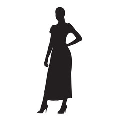 Wall Mural - Standing woman in long summer clothes, vector silhouette