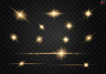Set. Shining Star, The Sun Particles And Sparks With A Highlight Effect, Golden Bokeh Lights Glitter And Sequins. On A Dark Background Transparent. Vector, EPS10