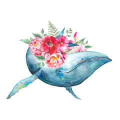 Whale with flowers artwork. Watercolor composition with blue whale and anemones, roses, fern, peonies bouquet. Hand painted animal silhouette isolated on white background. 