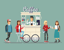 Creative Detailed Vector Street Coffee Cart Or Shop With Espresso Machine, Syrup Bottles