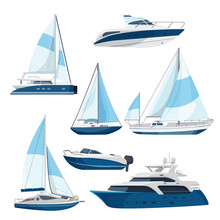 Set Of Boats With Sails, One And Double Decked Yachts