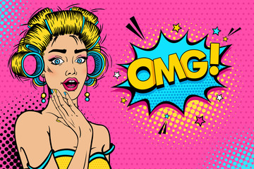 Wall Mural - Wow face. Sexy young blonde woman housewife with open mouth and hair сurlers, bright makeup and OMG! speech bubble. Vector colorful background in pop art retro comic style. Party invitation poster.