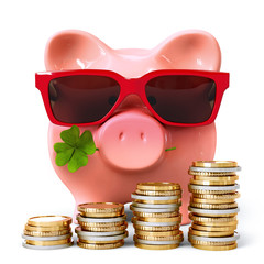 Wall Mural - Piggy bank with red sunglasses, clover and coin stacks