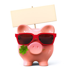 Canvas Print - piggy bank with red sunglasses, signboard and clover