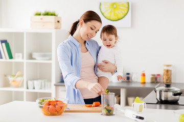 Canvas Print - happy mother and baby cooking food at home kitchen