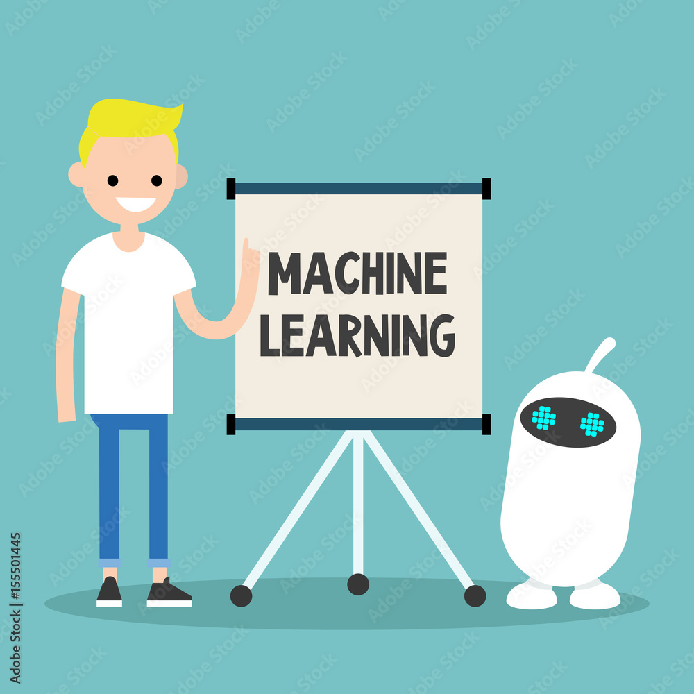 Machine learning conceptual illustration. Young character teaching ...