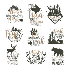 Wall Mural - Alaska national park labels set. Forest protection hand drawn vector Illustrations