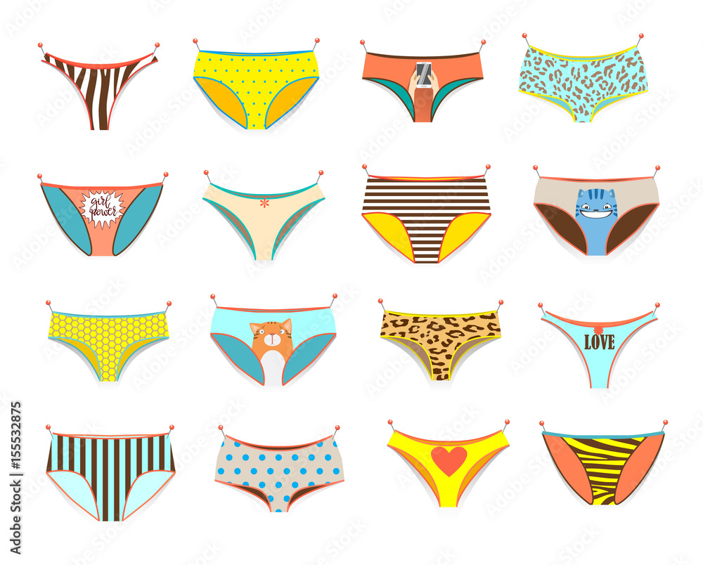Funny female panties of different kinds. - obrazy, fototapety, plakaty 