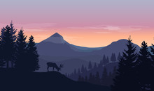 Landscape With Blue Silhouettes Of Mountains, Hills And Trees, Wild Deer And Sunset Or Sunrise Sky In The Background
