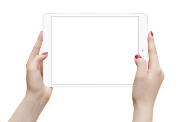 Wall Mural - Horizontal position of tablet in female hands isolated on white background