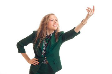 pretty funny young blonde in green jacket lends a helping hand up smiling and second hand keeps on its side