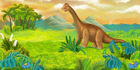 Plakat cartoon nature floral scene with hills and diplodocus