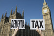 © lazyllama - Election signs holding up the hot button financial issue of 'dementia tax' in bright sky in front of the government Houses of Parliament at Westminster Palace in London, UK