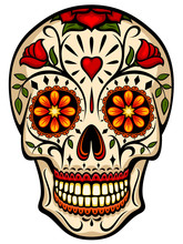 Vector Illustration Of An Ornately Decorated Day Of The Dead Sugar Skull, Or Calavera.