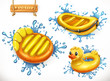 Summer. Yellow inflatable toys and water splashes. Floating air mattress, boat, ring, 3d vector icon set