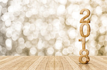 2016 Year Wood Number In Perspective Room With Sparkling Bokeh Wall And Wooden Plank Floor