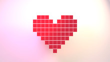 Red Pixel Heart Against Soft Pastel Color Gradient Background. Symbol Of Love. 3d Render Picture.