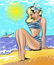 Vector Pop Art Illustration Of Woman At The Seaside