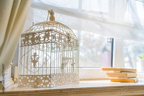 Fényképezés Close up decorative birdcage on windowsill