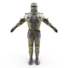 Old Metal Knight Armour Isolated On White. Front View. 3D Illustration