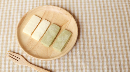 Greentea and Butter Cookies in wooden plate and folk 2