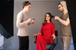 © Photodrive - Hairdresser and make-up artist work together in studio . Men doing makeup and hairstyle for woman. Creative team make commercials. Photo school, lookbook, fashion backstage concept