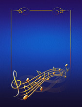 Blue Musical Background With Gold Frame Notes And Treble Clef