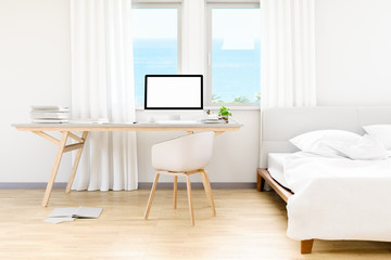 Wall Mural - Modern of white bedroom with table work park computer pc mockup and sea beach background at windows, 3D render image